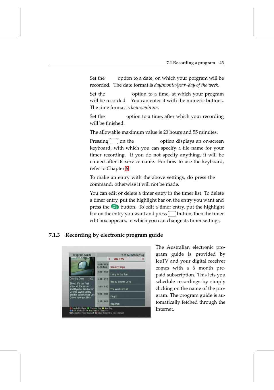 3 recording by electronic program guide, Recording by electronic program guide | Topfield DV3 Digital Terrestrial Receiver Personal Video Recorder TF 6000 PVRt User Manual | Page 51 / 88