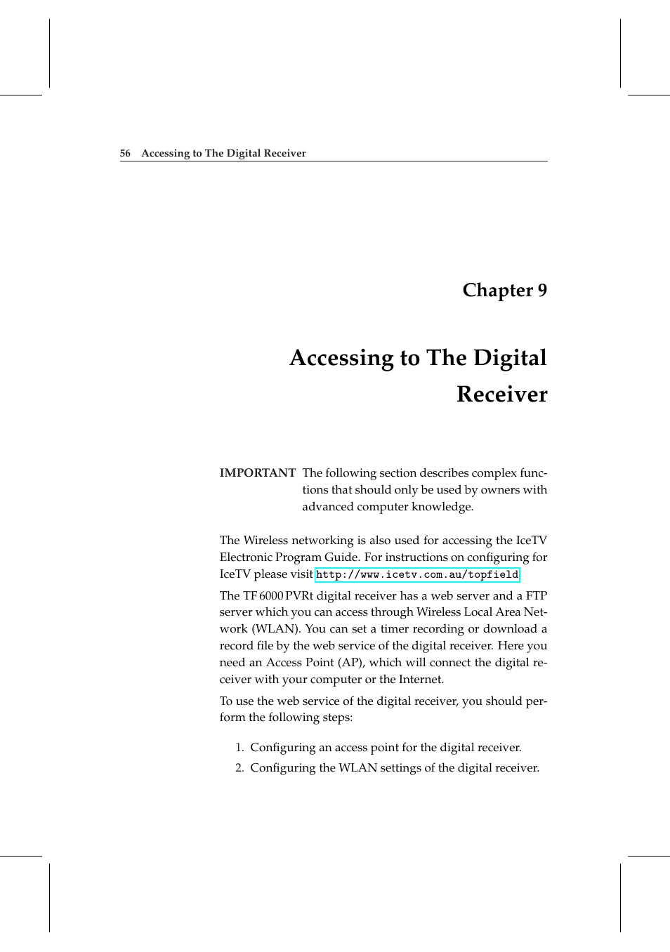 9 accessing to the digital receiver, Accessing to the digital receiver, Chapter 9 | Topfield DV3 Digital Terrestrial Receiver Personal Video Recorder TF 6000 PVRt User Manual | Page 64 / 88