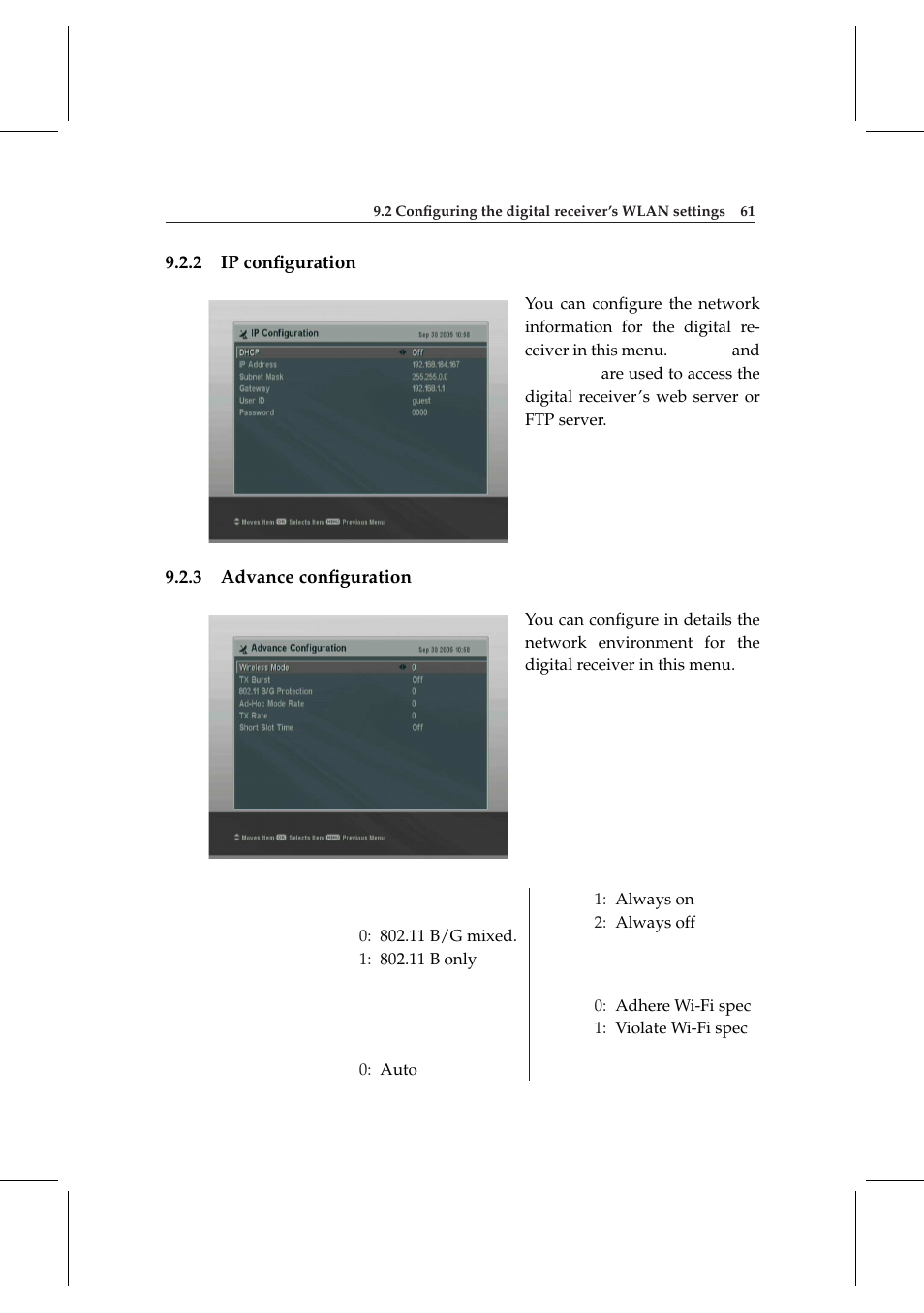 2 ip configuration, 3 advance configuration, Ip conﬁguration | Advance conﬁguration | Topfield DV3 Digital Terrestrial Receiver Personal Video Recorder TF 6000 PVRt User Manual | Page 69 / 88