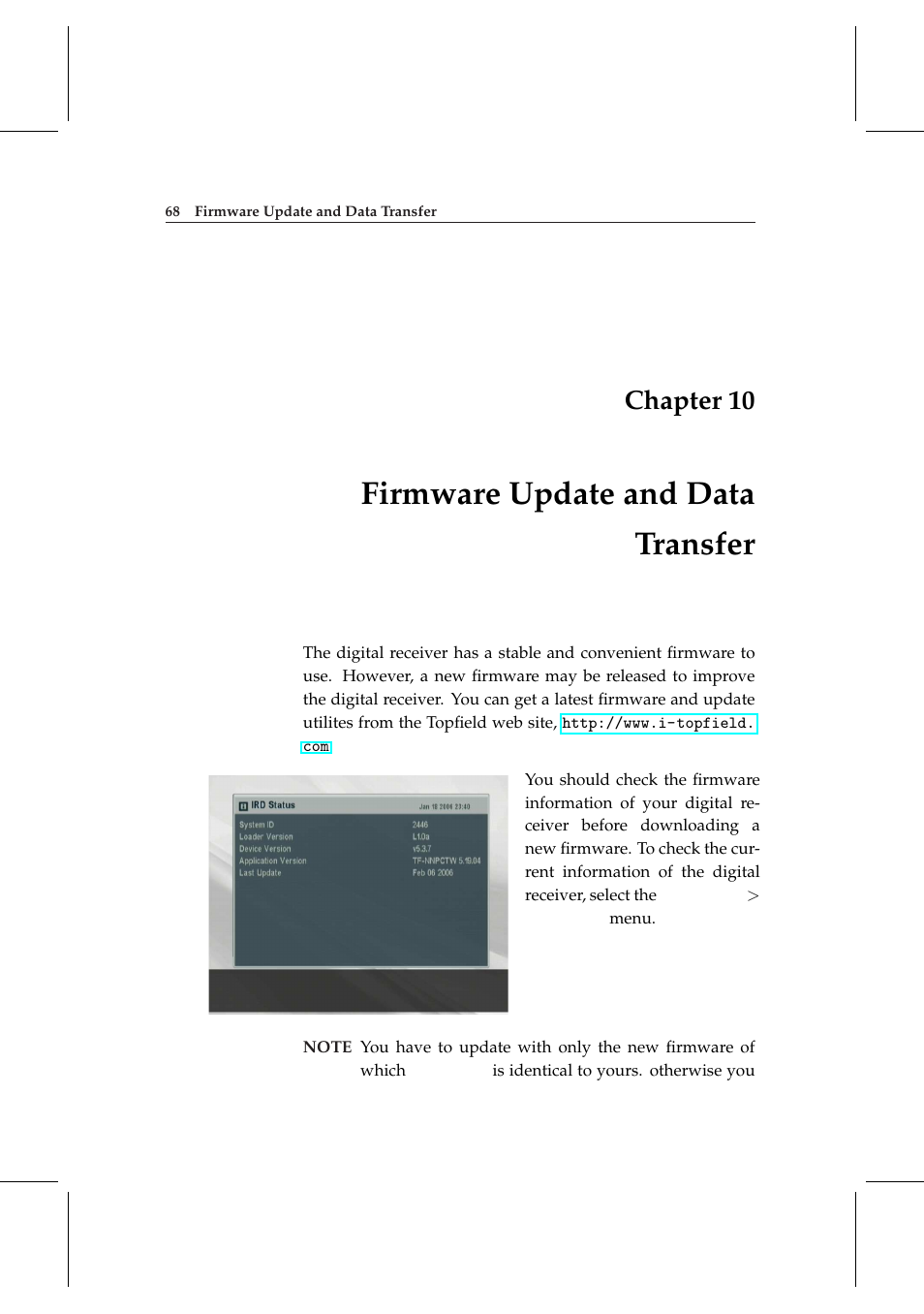 10 firmware update and data transfer, Firmware update and data transfer, Chapter 10 | Topfield DV3 Digital Terrestrial Receiver Personal Video Recorder TF 6000 PVRt User Manual | Page 76 / 88