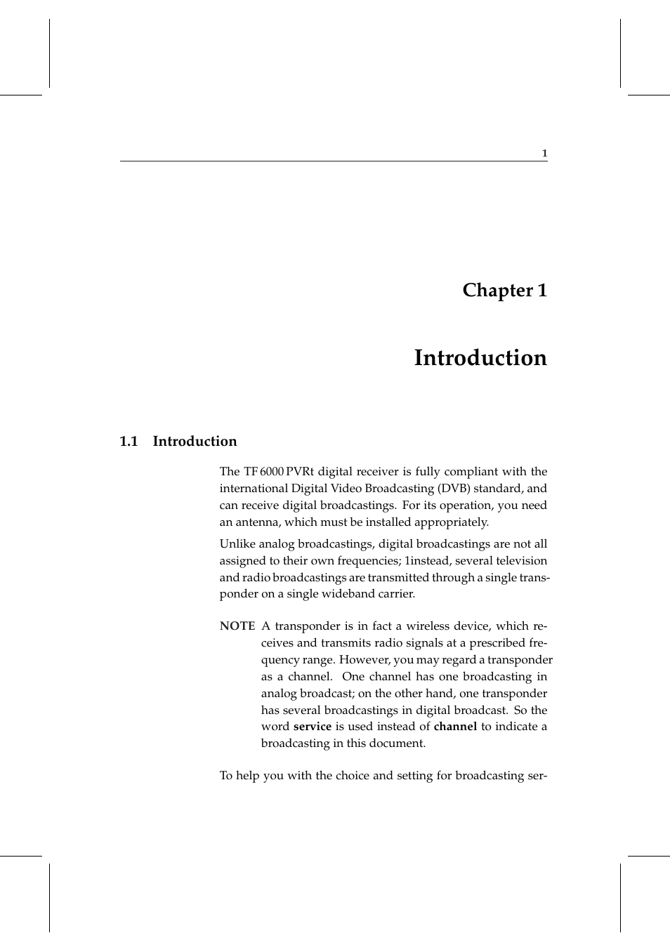 1 introduction, Introduction, Chapter 1 | Topfield DV3 Digital Terrestrial Receiver Personal Video Recorder TF 6000 PVRt User Manual | Page 9 / 88