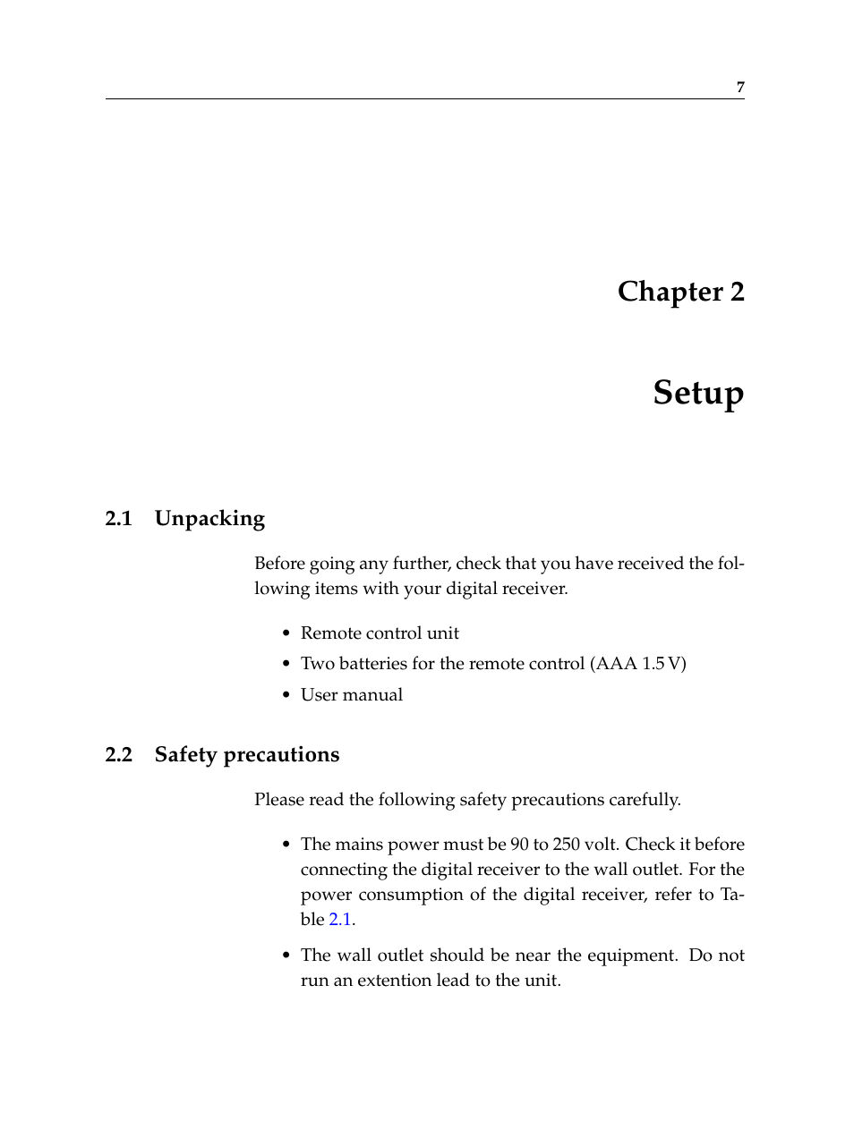 2 setup, 1 unpacking, 2 safety precautions | Setup, Unpacking, Safety precautions, Chapter 2 | Topfield TF 5100 CI User Manual | Page 13 / 64