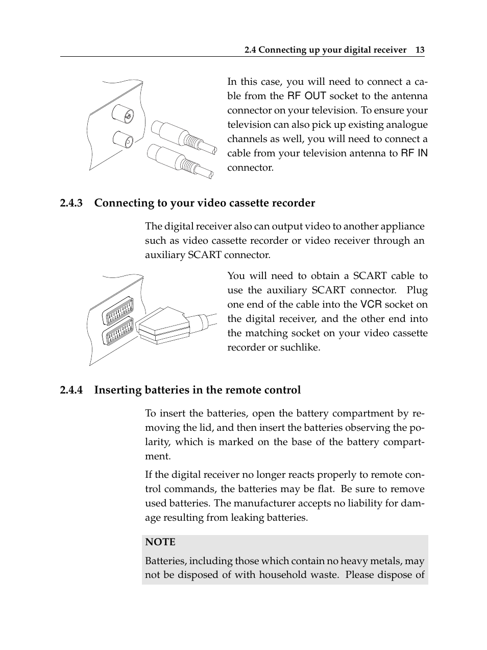 3 connecting to your video cassette recorder, 4 inserting batteries in the remote control, Connecting to your video cassette recorder | Inserting batteries in the remote control | Topfield TF 5100 CI User Manual | Page 19 / 64