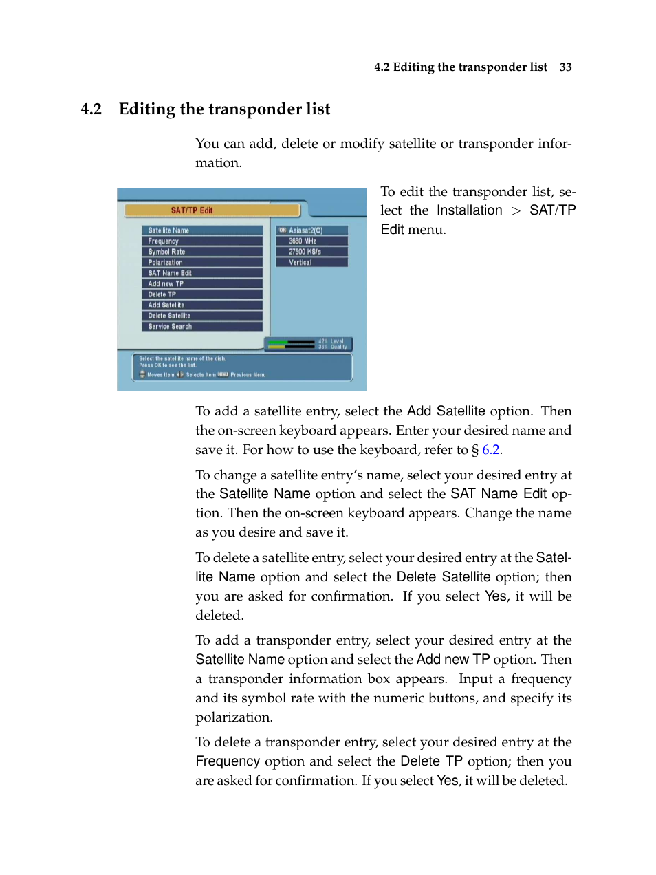 2 editing the transponder list, Editing the transponder list | Topfield TF 5100 CI User Manual | Page 39 / 64
