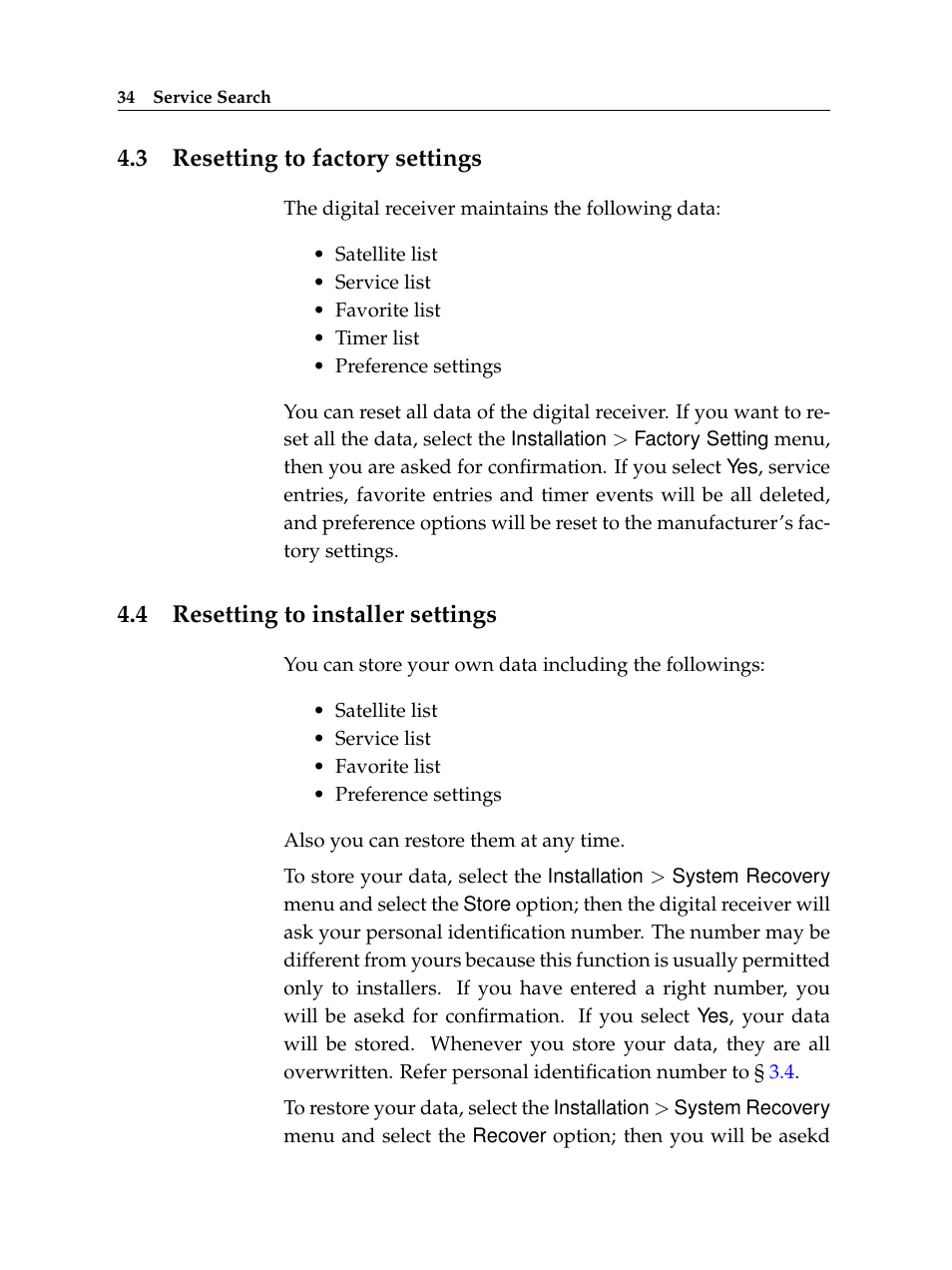 3 resetting to factory settings, 4 resetting to installer settings, Resetting to factory settings | Resetting to installer settings | Topfield TF 5100 CI User Manual | Page 40 / 64