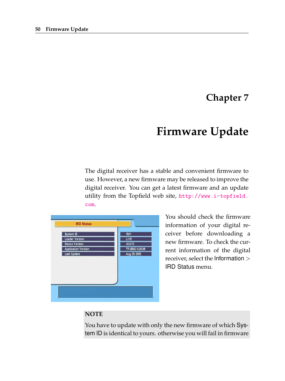 7 firmware update, Firmware update, Chapter 7 | Topfield TF 5100 CI User Manual | Page 56 / 64