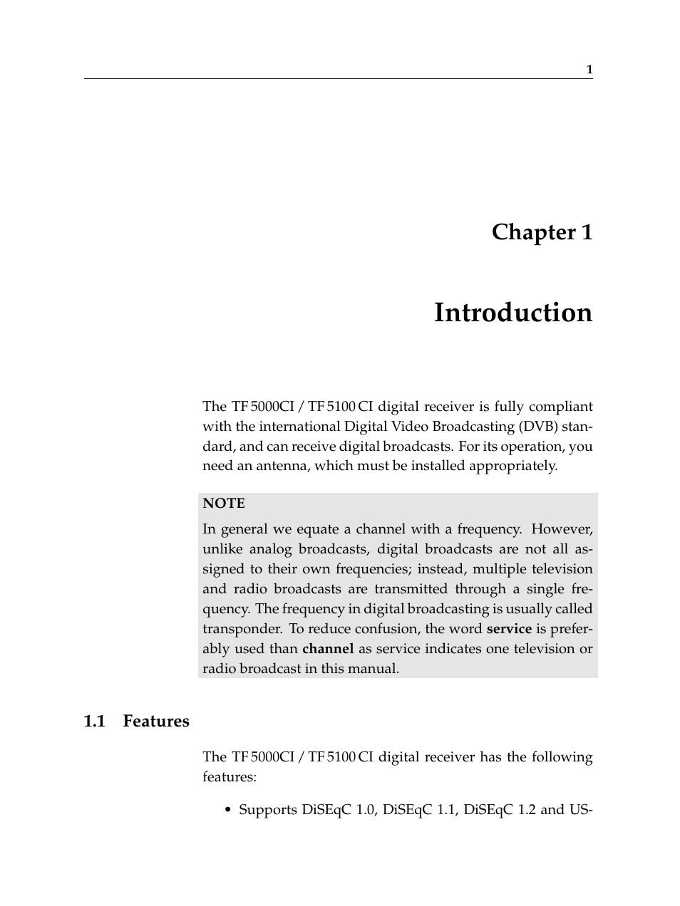 1 introduction, 1 features, Introduction | Features, Chapter 1 | Topfield TF 5100 CI User Manual | Page 7 / 64