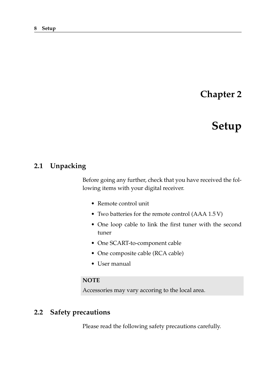 2 setup, 1 unpacking, 2 safety precautions | Setup, Unpacking, Safety precautions, Chapter 2 | Topfield TF 5100 PVR User Manual | Page 14 / 76