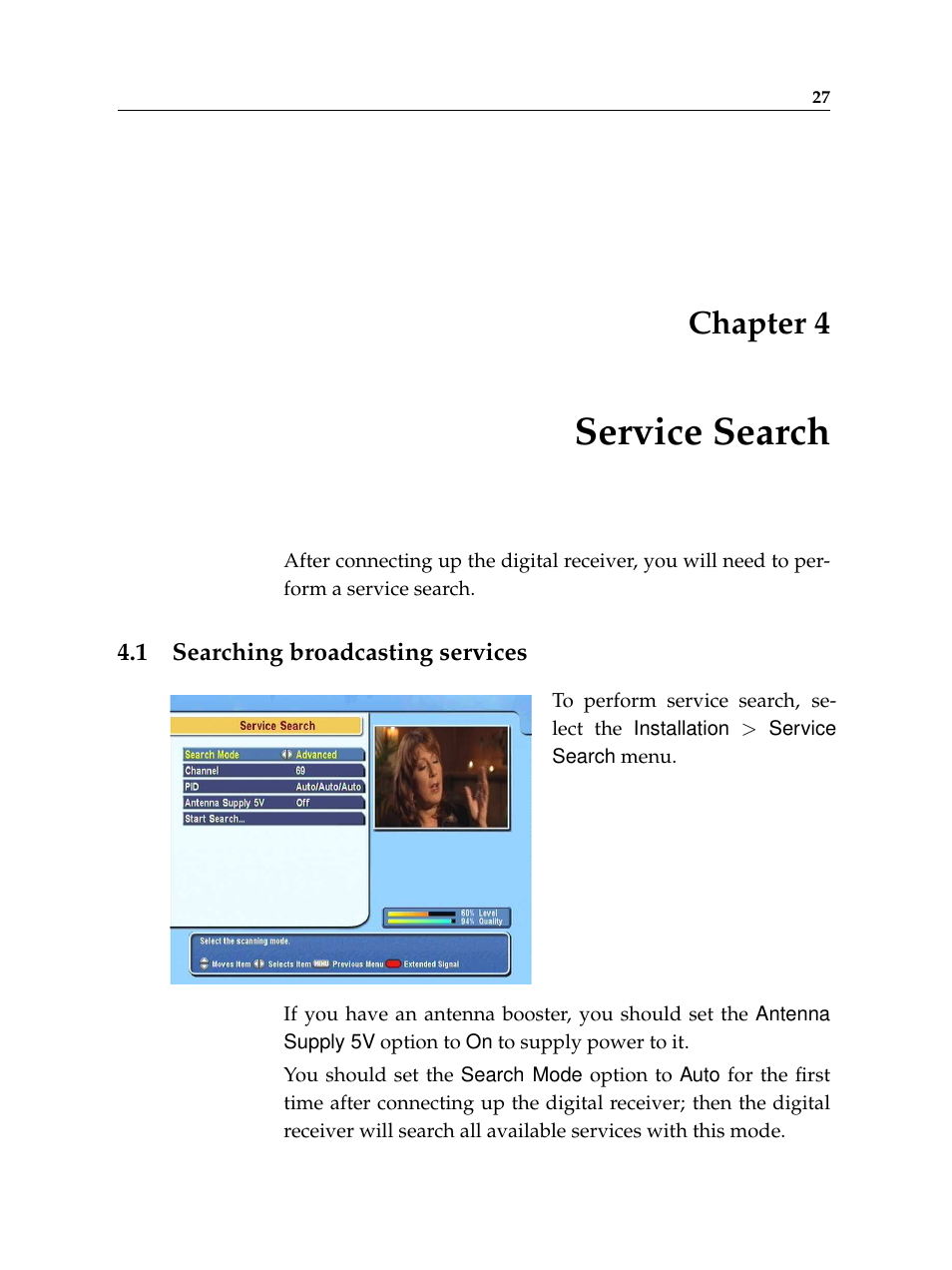 4 service search, 1 searching broadcasting services, Service search | Searching broadcasting services, Chapter 4 | Topfield TF 5100 PVR User Manual | Page 33 / 76