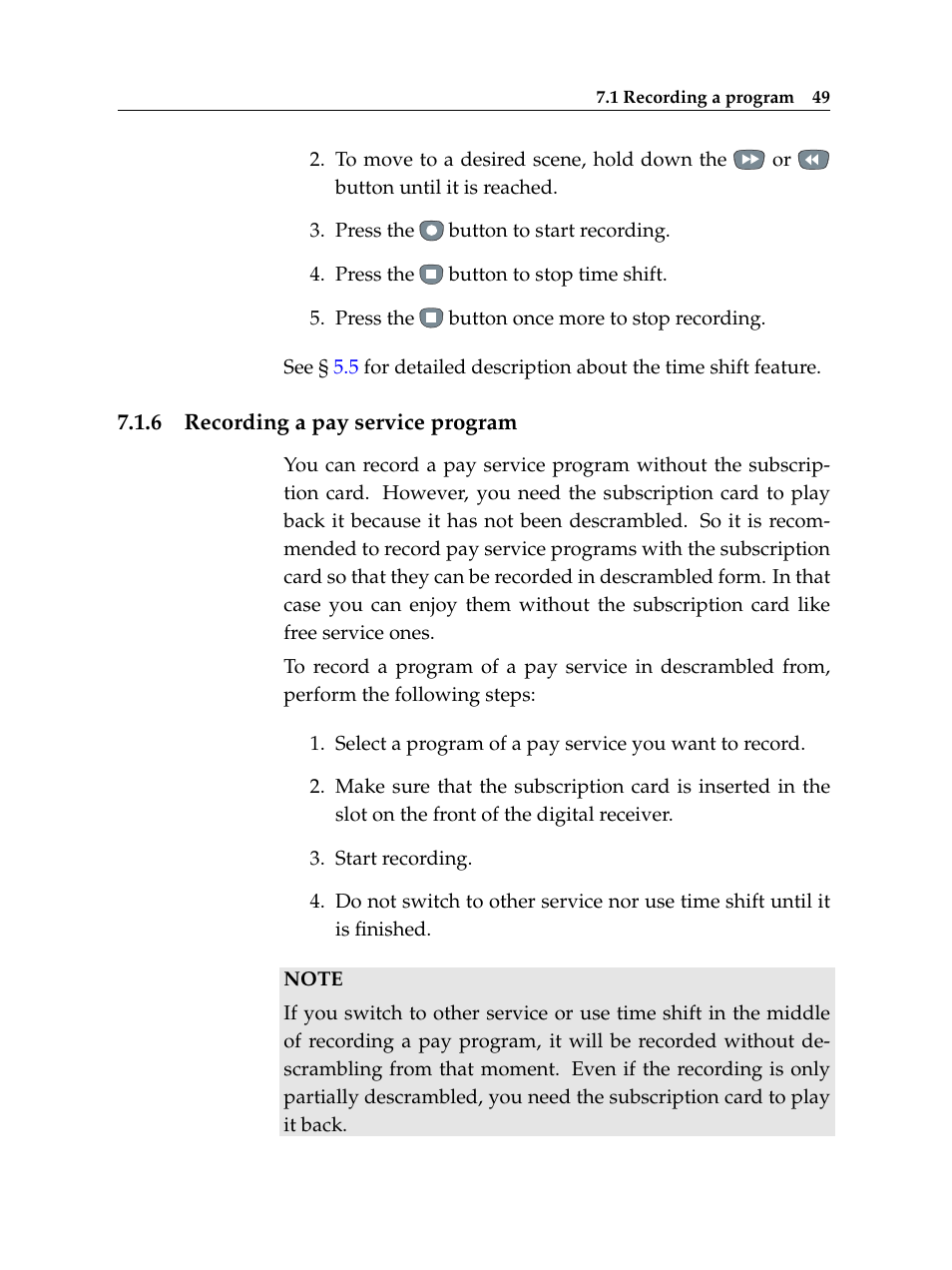 6 recording a pay service program, Recording a pay service program | Topfield TF 5100 PVR User Manual | Page 55 / 76
