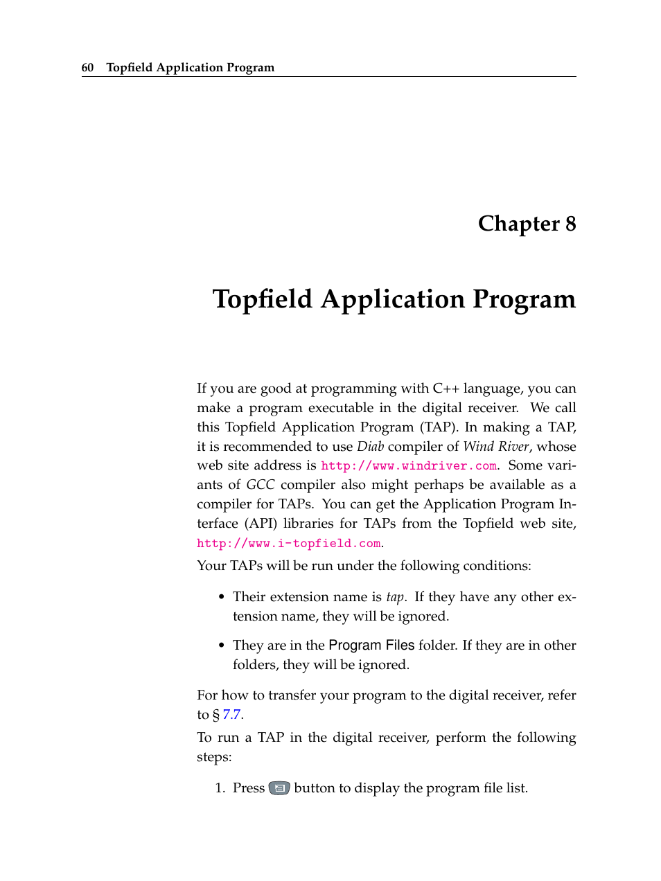 8 topfield application program, Topfield application program, Chapter 8 | Topfield TF 5100 PVR User Manual | Page 66 / 76
