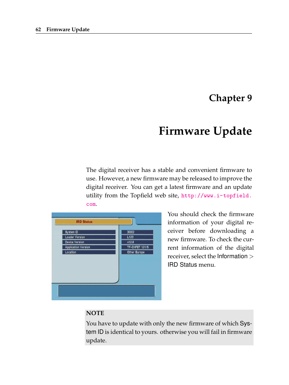 9 firmware update, Firmware update, Chapter 9 | Topfield TF 5100 PVR User Manual | Page 68 / 76