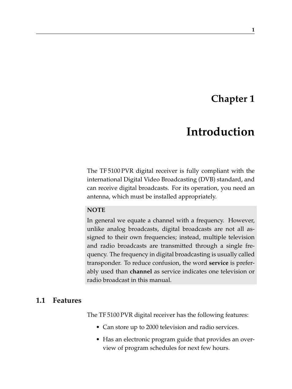 1 introduction, 1 features, Introduction | Features, Chapter 1 | Topfield TF 5100 PVR User Manual | Page 7 / 76