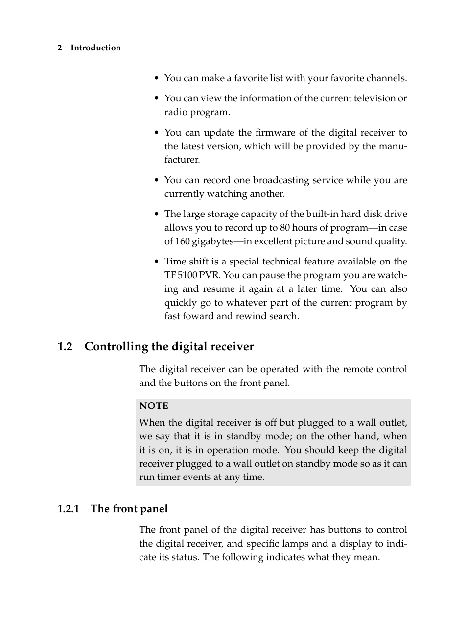 2 controlling the digital receiver, 1 the front panel, Controlling the digital receiver | The front panel | Topfield TF 5100 PVR User Manual | Page 8 / 76