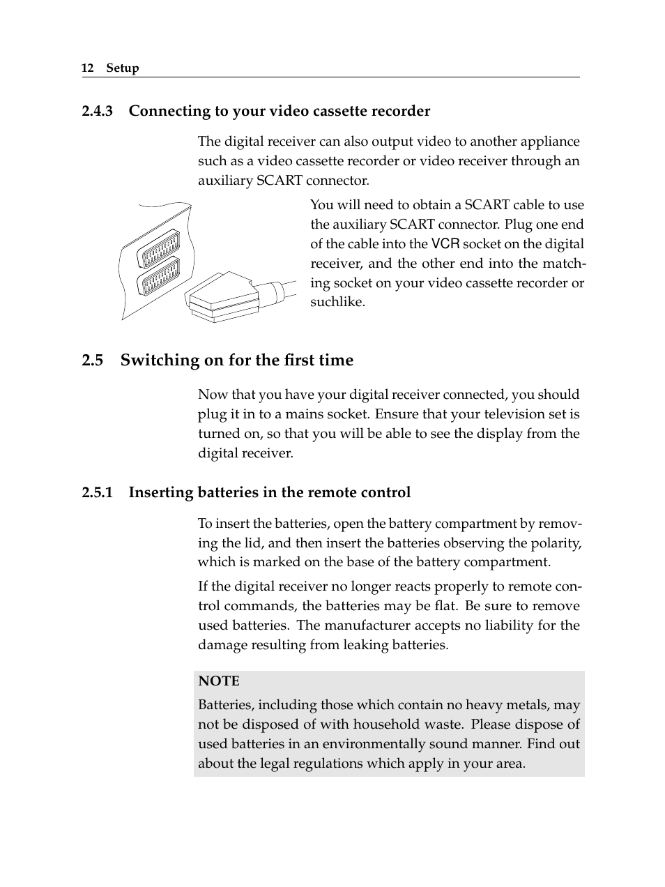 3 connecting to your video cassette recorder, 5 switching on for the first time, 1 inserting batteries in the remote control | Connecting to your video cassette recorder, Switching on for the first time, Inserting batteries in the remote control | Topfield TF 6000 FE User Manual | Page 18 / 64