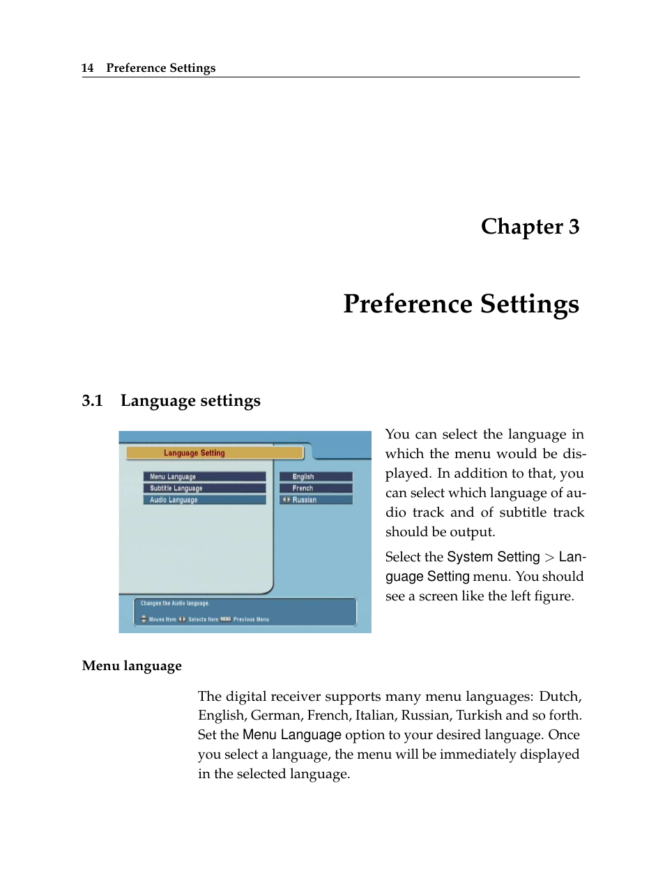 3 preference settings, 1 language settings, Preference settings | Language settings, Chapter 3 | Topfield TF 6000 FE User Manual | Page 20 / 64