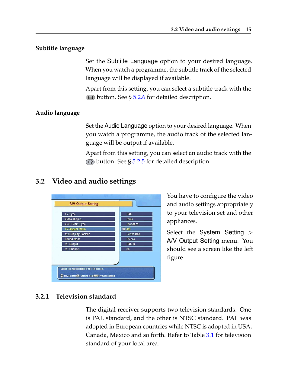 2 video and audio settings, 1 television standard, Video and audio settings | Television standard | Topfield TF 6000 FE User Manual | Page 21 / 64