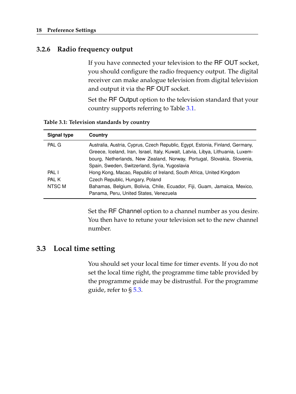 6 radio frequency output, 3 local time setting, Radio frequency output | Local time setting | Topfield TF 6000 FE User Manual | Page 24 / 64