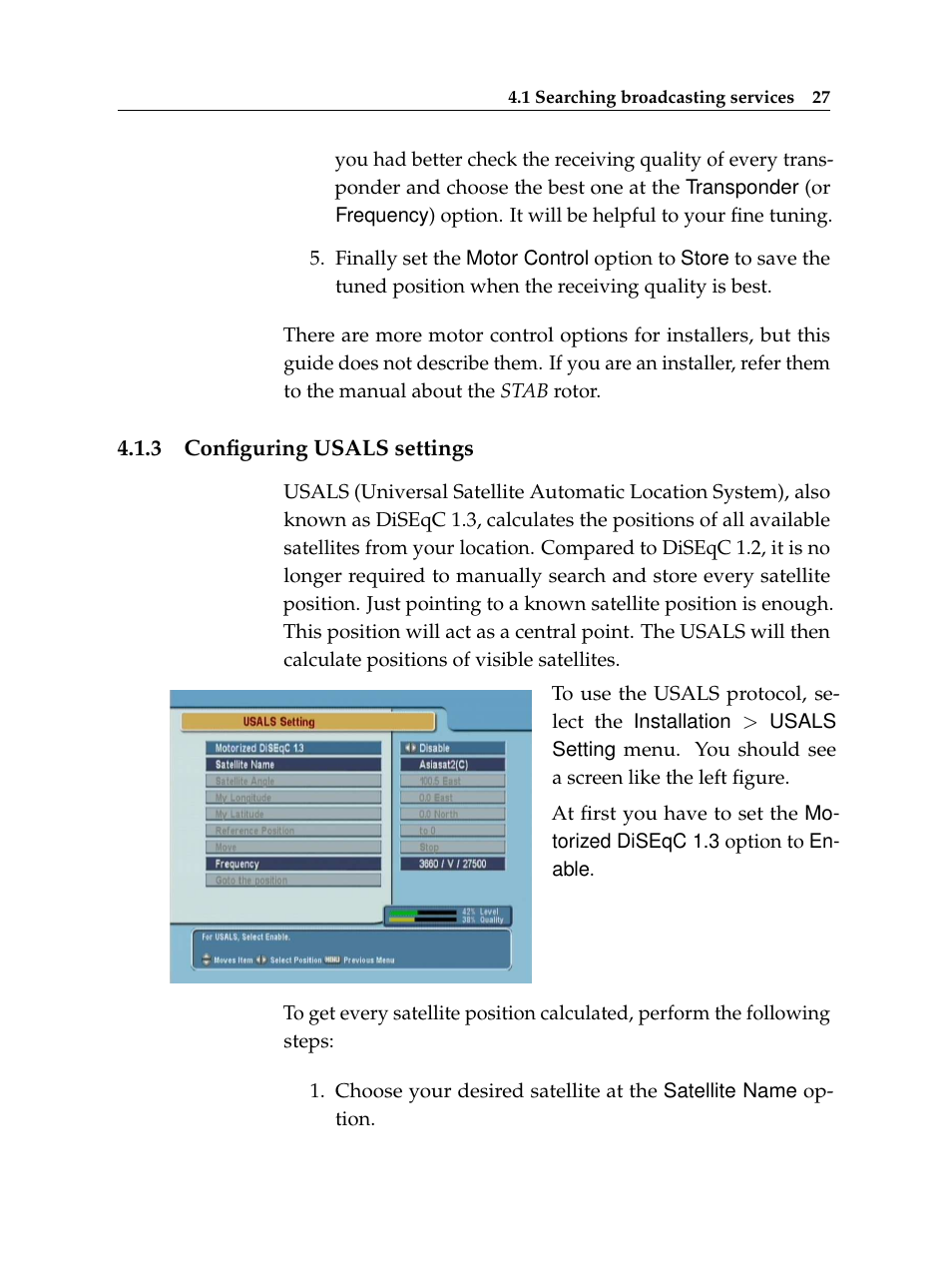 3 configuring usals settings, Configuring usals settings | Topfield TF 6000 FE User Manual | Page 33 / 64