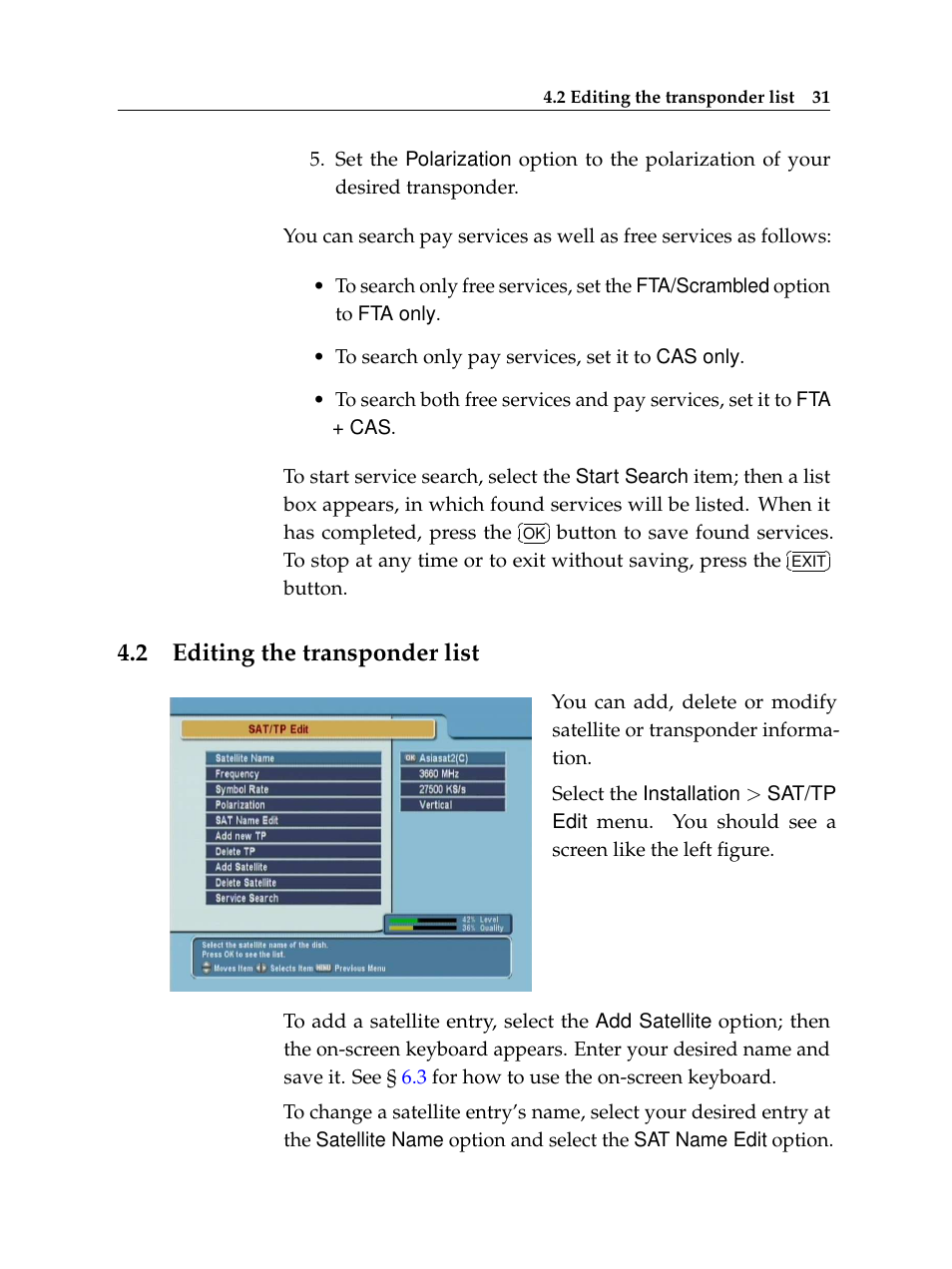2 editing the transponder list, Editing the transponder list | Topfield TF 6000 FE User Manual | Page 37 / 64
