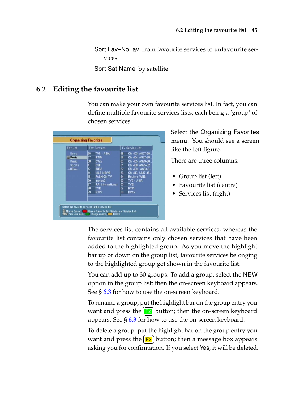 2 editing the favourite list, Editing the favourite list | Topfield TF 6000 FE User Manual | Page 51 / 64