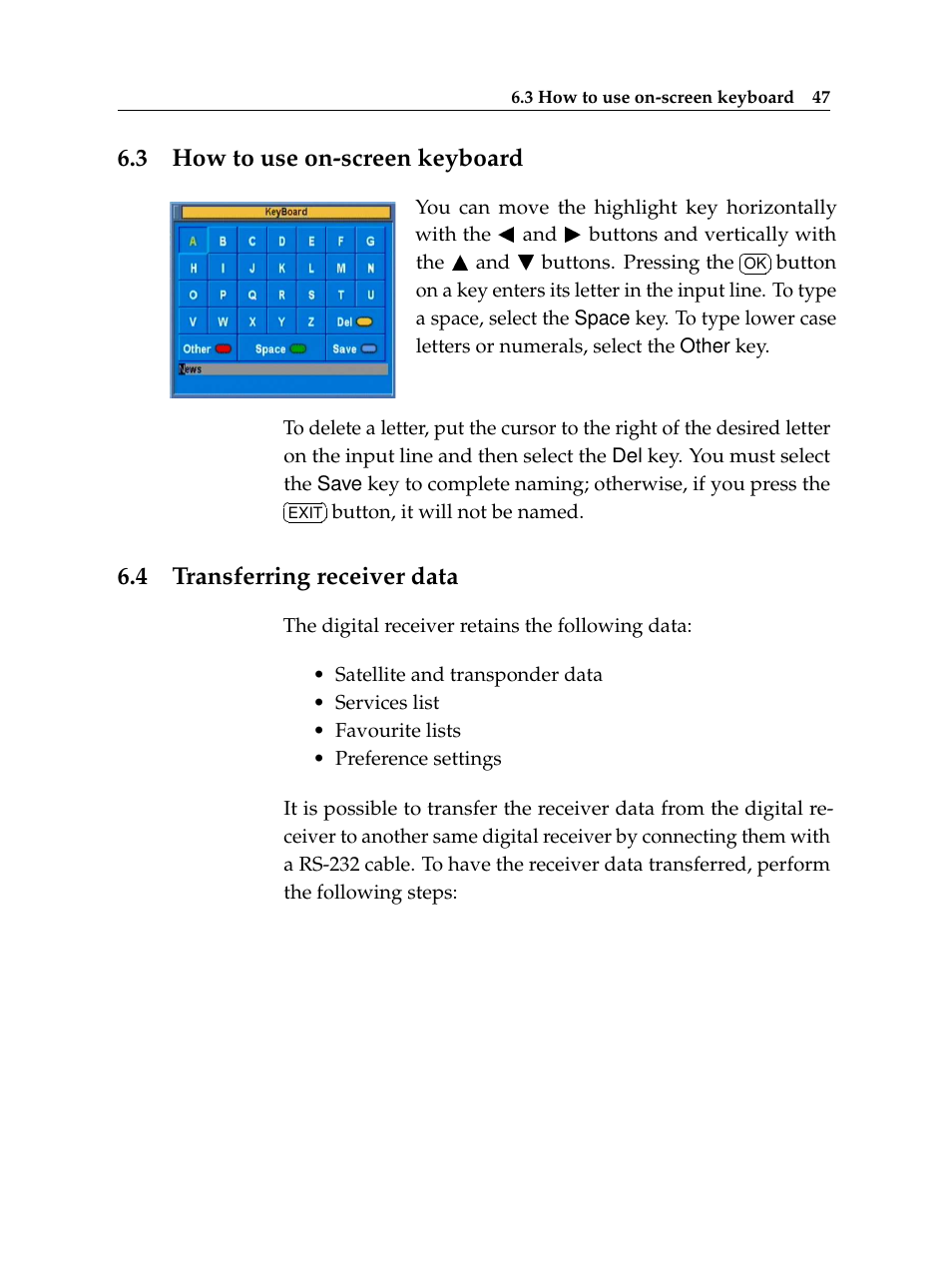 3 how to use on-screen keyboard, 4 transferring receiver data, How to use on-screen keyboard | Transferring receiver data | Topfield TF 6000 FE User Manual | Page 53 / 64