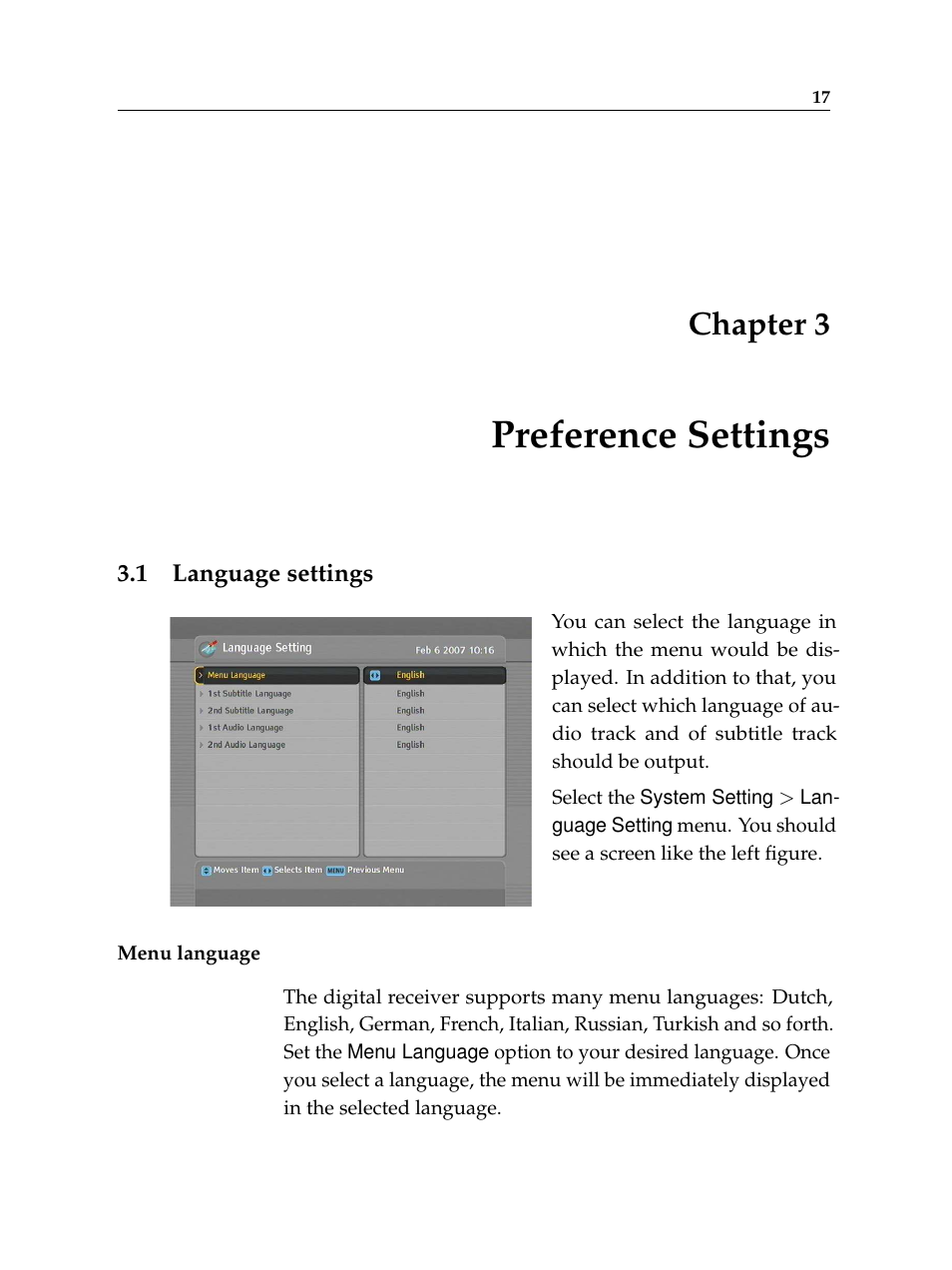3 preference settings, 1 language settings, Preference settings | Language settings, Chapter 3 | Topfield Digital Terrestrial Receiver PERSONAL VIDEO RECORDER TF 600 PVRt User Manual | Page 23 / 90
