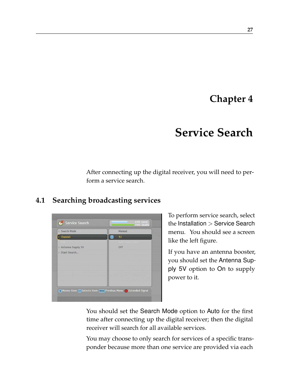 4 service search, 1 searching broadcasting services, Service search | Searching broadcasting services, Chapter 4 | Topfield Digital Terrestrial Receiver PERSONAL VIDEO RECORDER TF 600 PVRt User Manual | Page 33 / 90