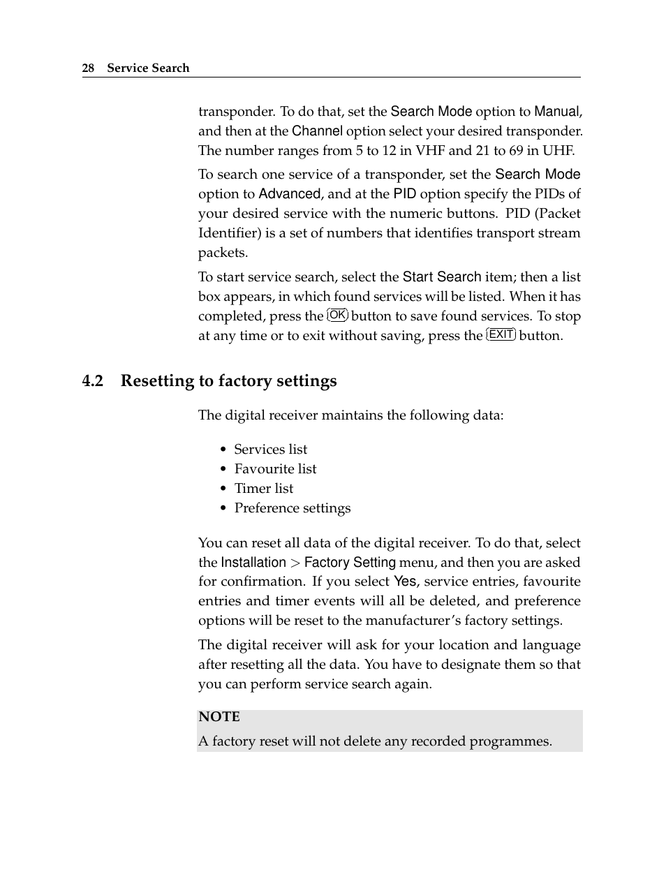 2 resetting to factory settings, Resetting to factory settings | Topfield Digital Terrestrial Receiver PERSONAL VIDEO RECORDER TF 600 PVRt User Manual | Page 34 / 90