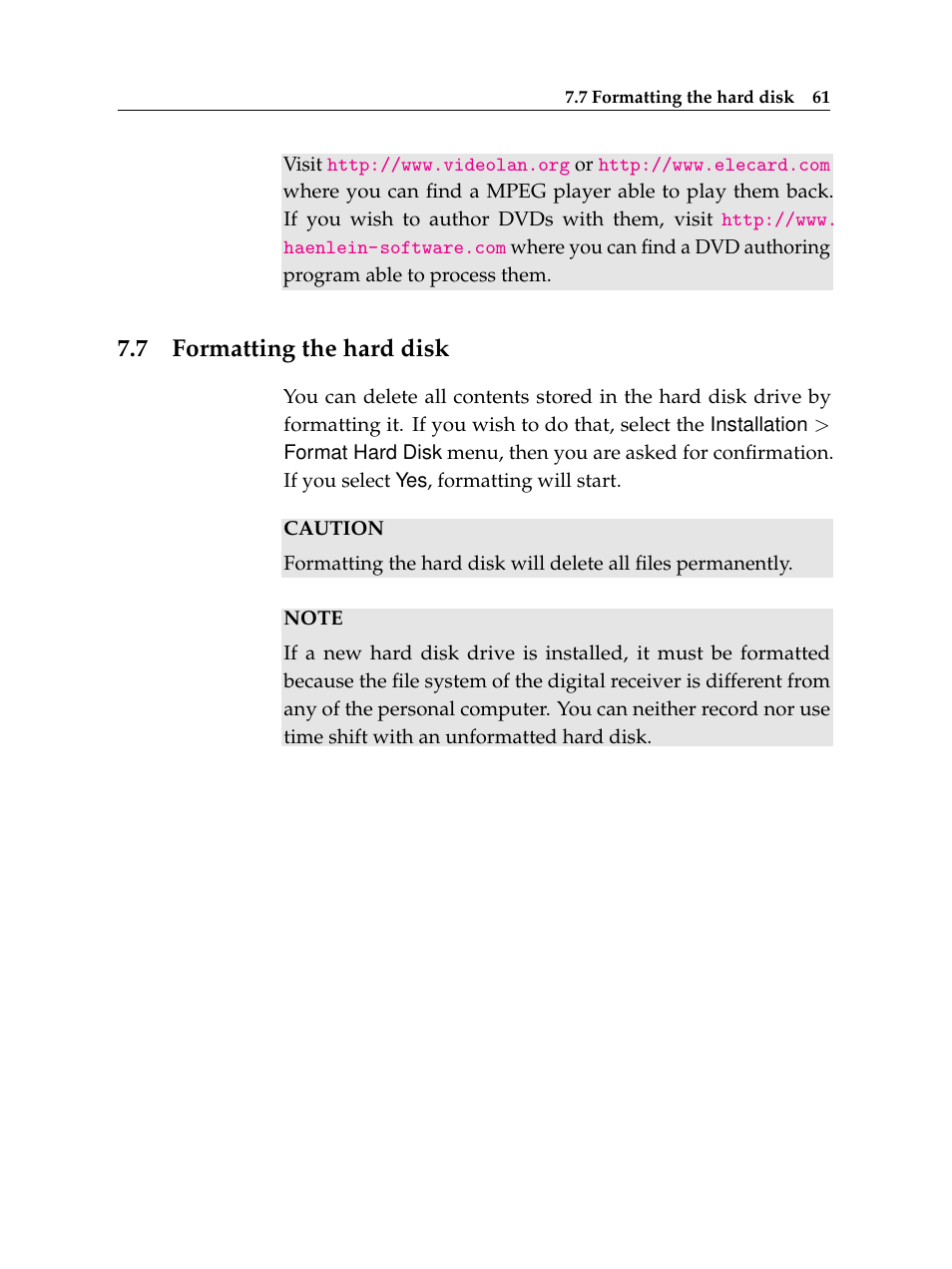 7 formatting the hard disk, Formatting the hard disk | Topfield Digital Terrestrial Receiver PERSONAL VIDEO RECORDER TF 600 PVRt User Manual | Page 67 / 90