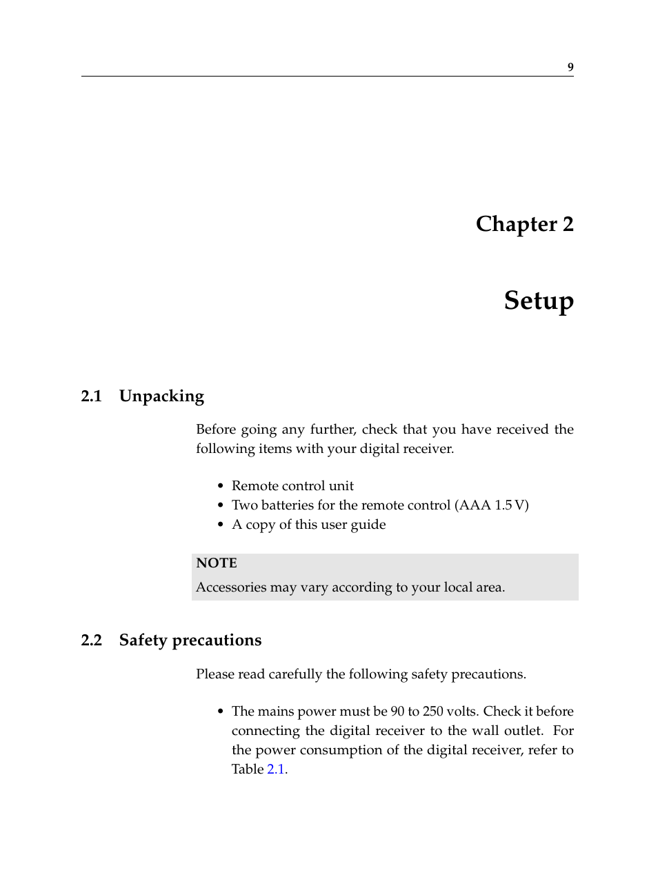 2 setup, 1 unpacking, 2 safety precautions | Setup, Unpacking, Safety precautions, Chapter 2 | Topfield TF 6000 PVR ES User Manual | Page 17 / 110