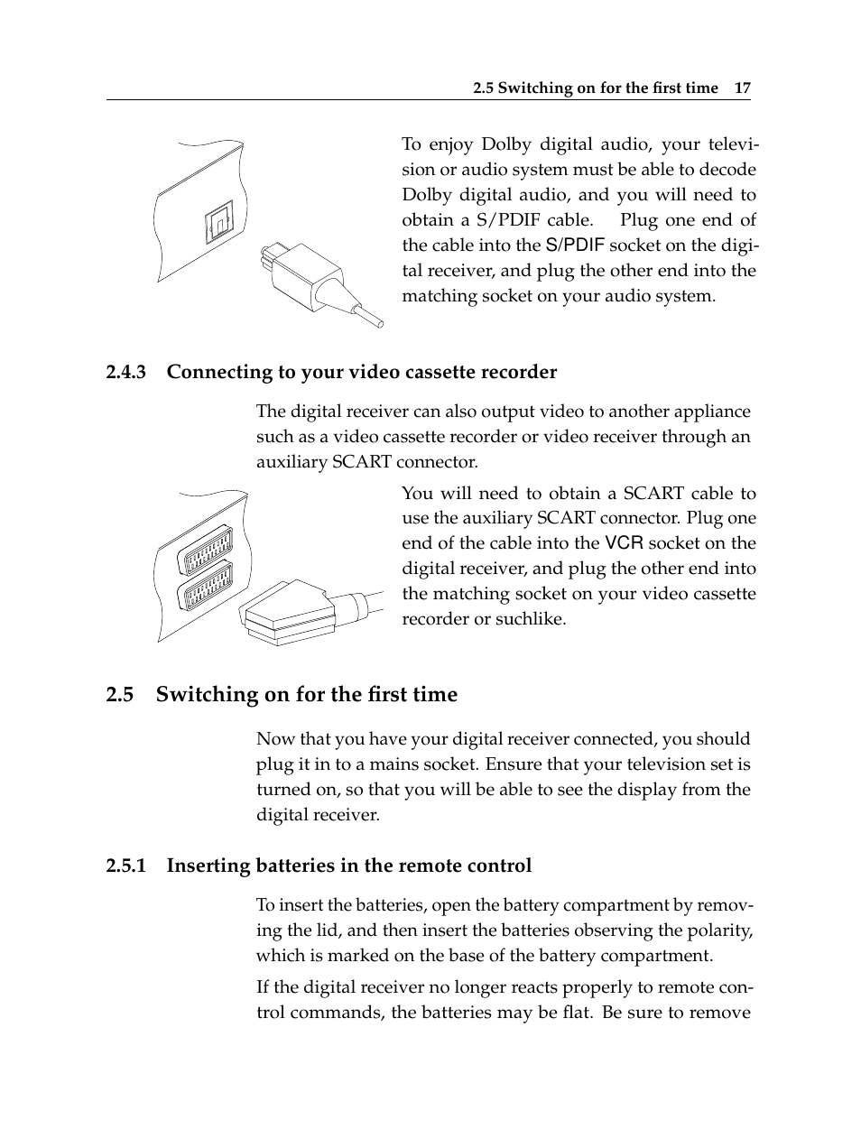 3 connecting to your video cassette recorder, 5 switching on for the first time, 1 inserting batteries in the remote control | Connecting to your video cassette recorder, Switching on for the first time, Inserting batteries in the remote control | Topfield TF 6000 PVR ES User Manual | Page 25 / 110