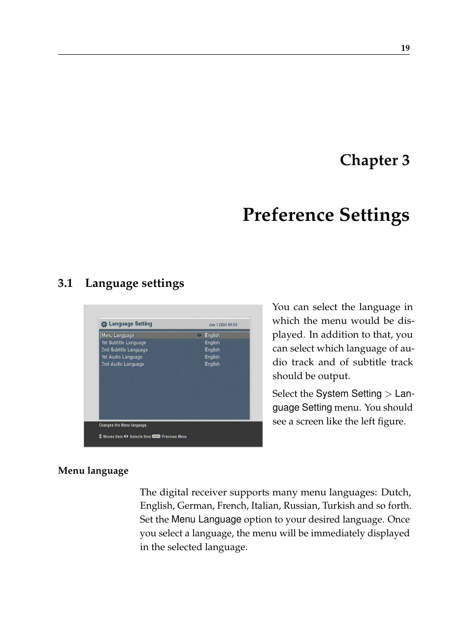 3 preference settings, 1 language settings, Preference settings | Language settings, Chapter 3 | Topfield TF 6000 PVR ES User Manual | Page 27 / 110