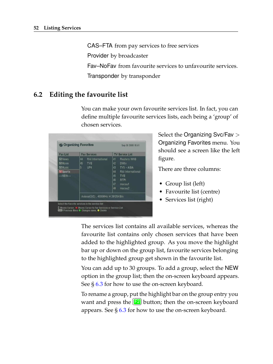 2 editing the favourite list, Editing the favourite list | Topfield TF 6000 PVR ES User Manual | Page 60 / 110