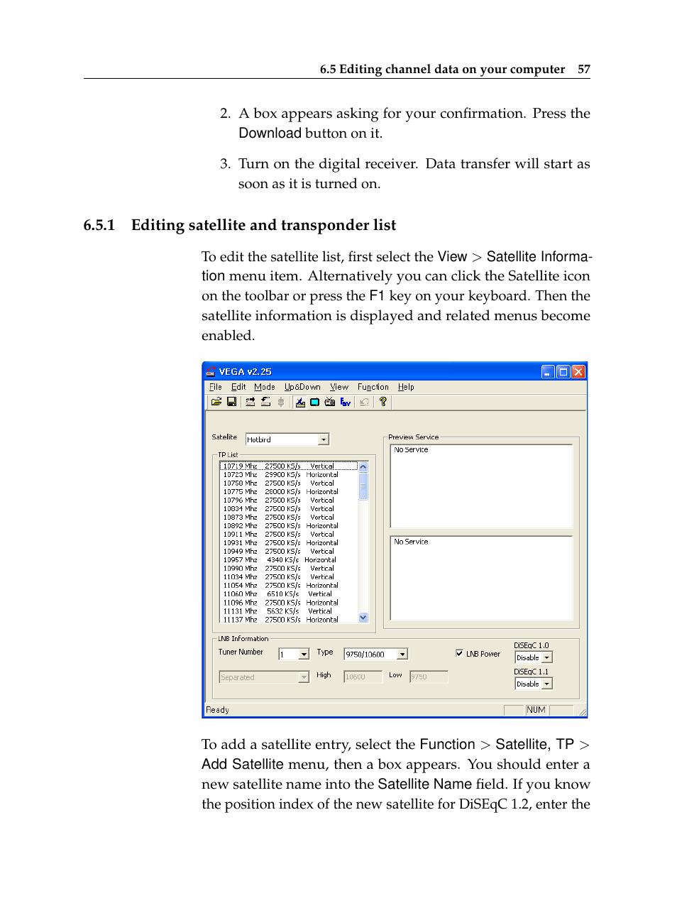 1 editing satellite and transponder list, Editing satellite and transponder list | Topfield TF 6000 PVR ES User Manual | Page 65 / 110