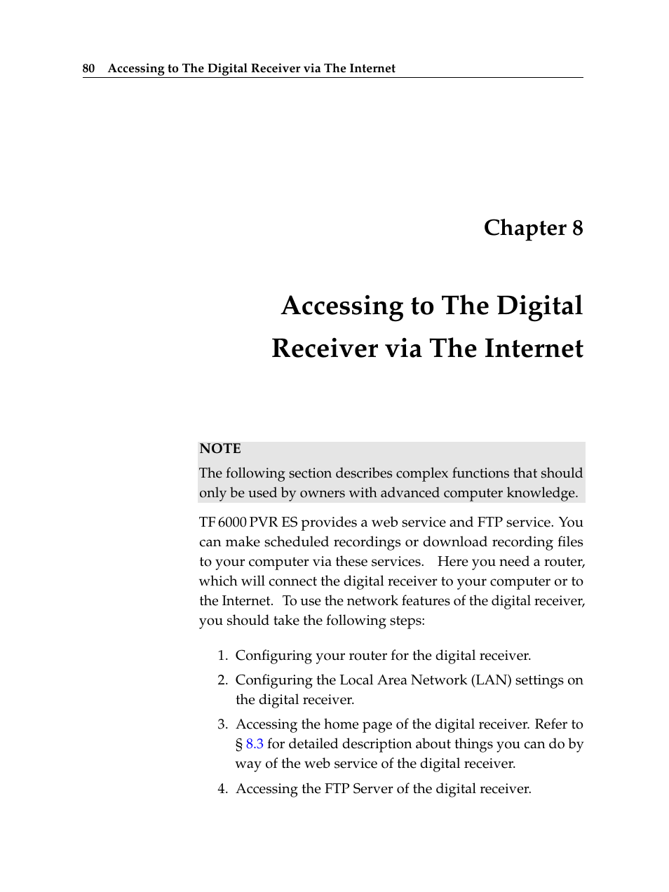 Accessing to the digital receiver via the internet, Chapter 8 | Topfield TF 6000 PVR ES User Manual | Page 88 / 110