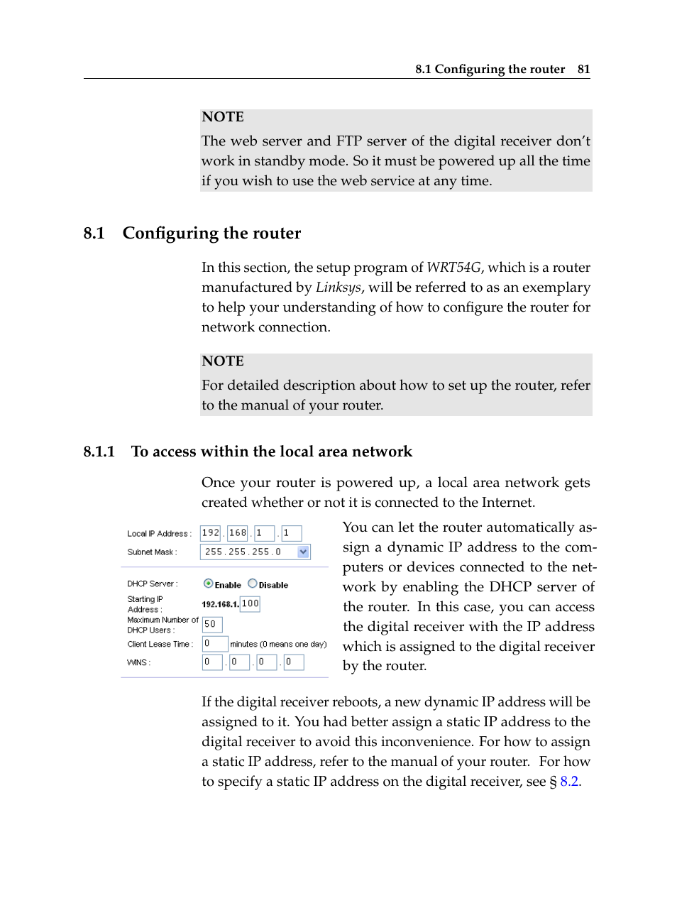 1 configuring the router, 1 to access within the local area network, Configuring the router | To access within the local area network | Topfield TF 6000 PVR ES User Manual | Page 89 / 110