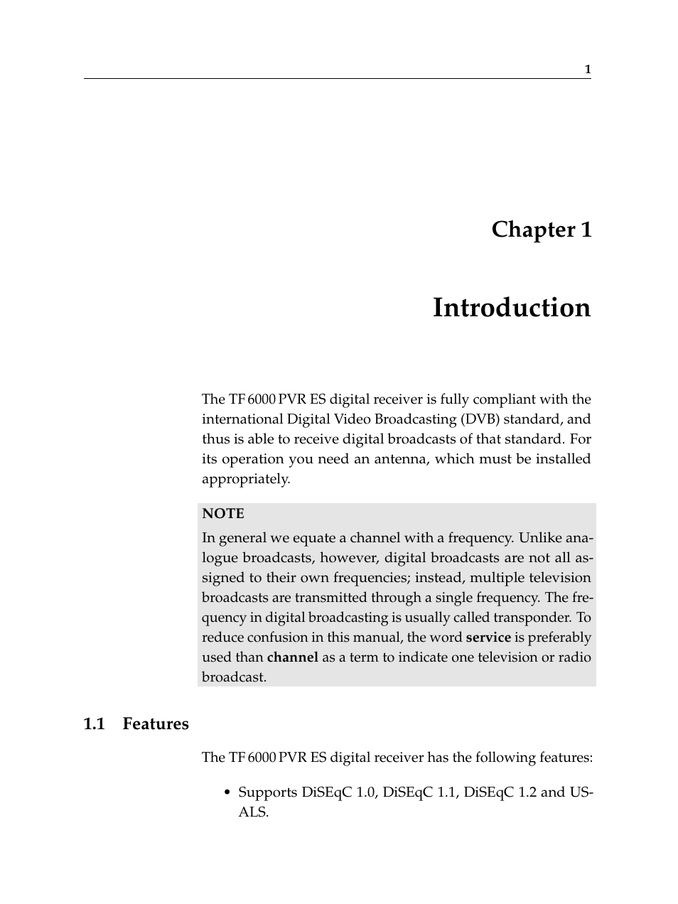 1 introduction, 1 features, Introduction | Features, Chapter 1 | Topfield TF 6000 PVR ES User Manual | Page 9 / 110