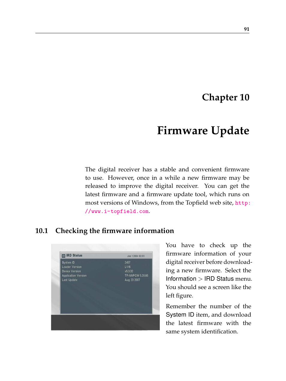 10 firmware update, 1 checking the firmware information, Firmware update | Chapter 10 | Topfield TF 6000 PVR ES User Manual | Page 99 / 110