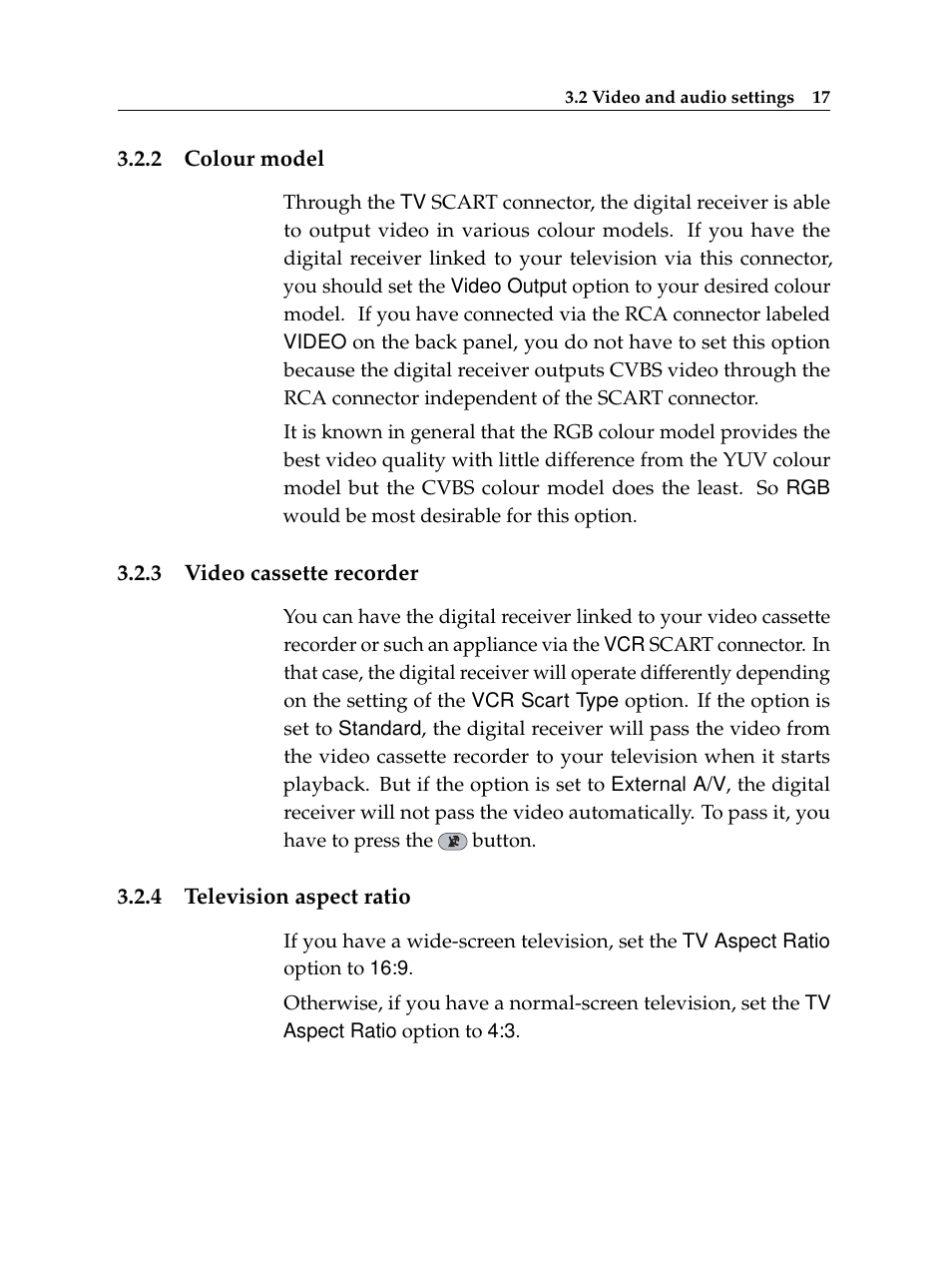 2 colour model, 3 video cassette recorder, 4 television aspect ratio | Colour model, Video cassette recorder, Television aspect ratio | Topfield TF6400IR User Manual | Page 23 / 64