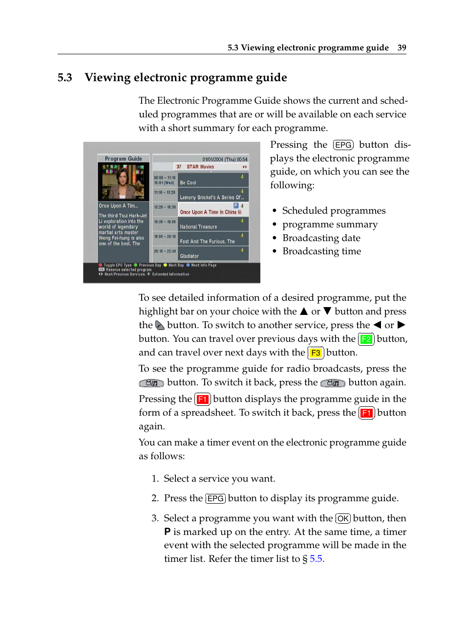 3 viewing electronic programme guide, Viewing electronic programme guide | Topfield TF6400IR User Manual | Page 45 / 64