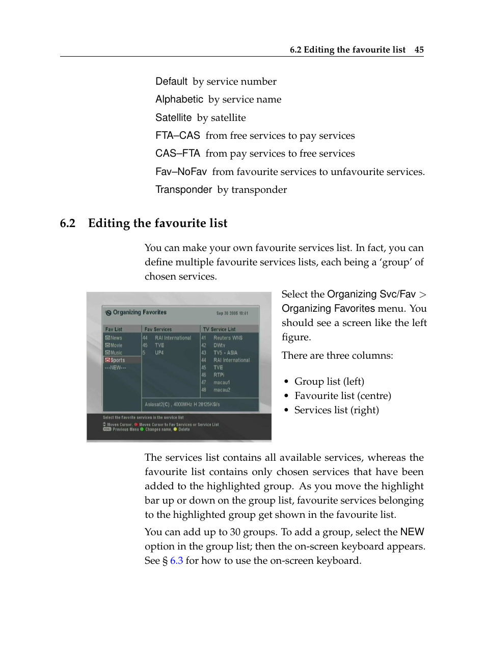 2 editing the favourite list, Editing the favourite list | Topfield TF6400IR User Manual | Page 51 / 64