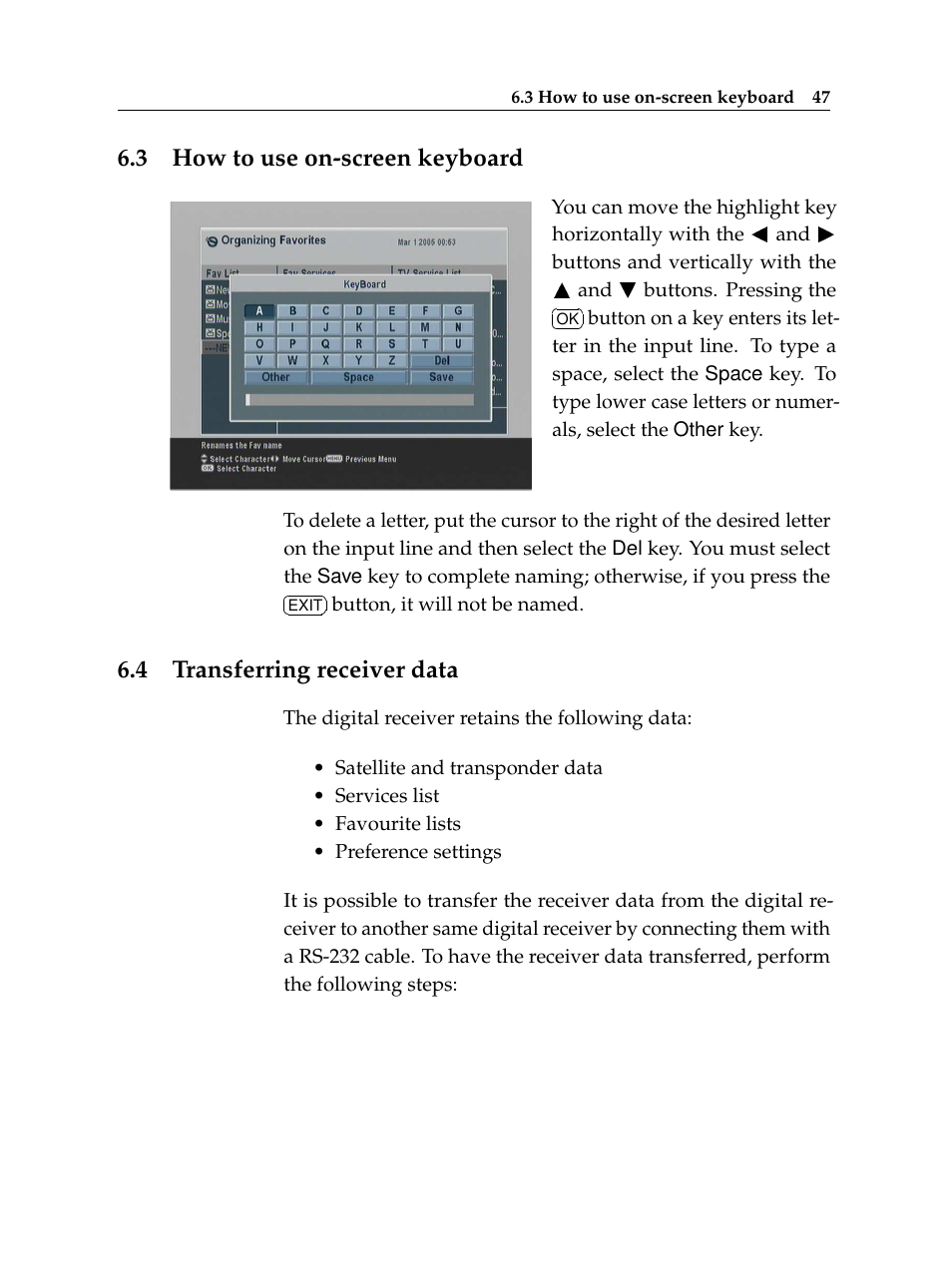 3 how to use on-screen keyboard, 4 transferring receiver data, How to use on-screen keyboard | Transferring receiver data | Topfield TF6400IR User Manual | Page 53 / 64