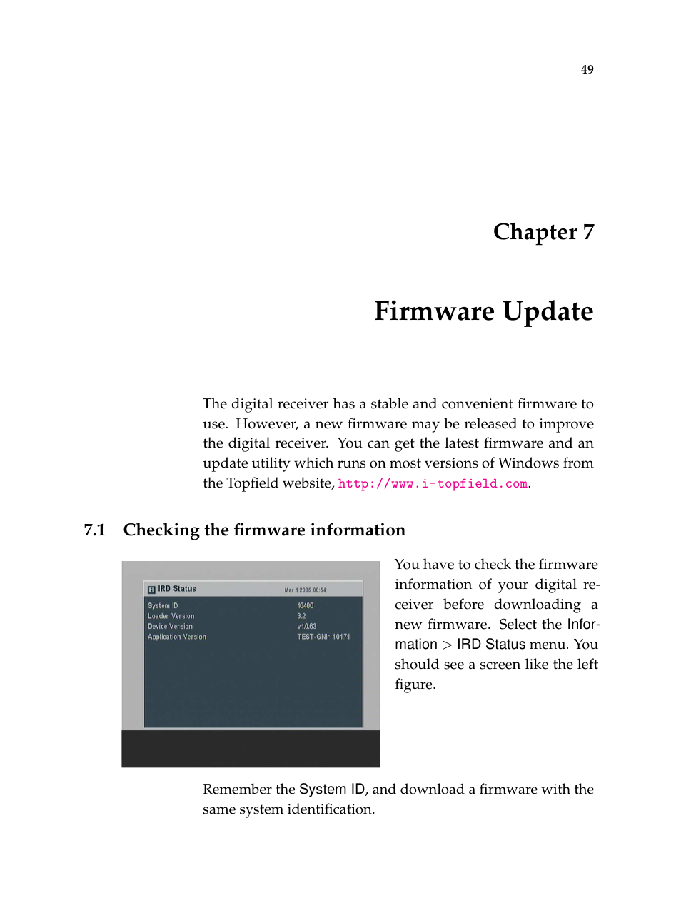7 firmware update, 1 checking the firmware information, Firmware update | Checking the firmware information, Chapter 7 | Topfield TF6400IR User Manual | Page 55 / 64