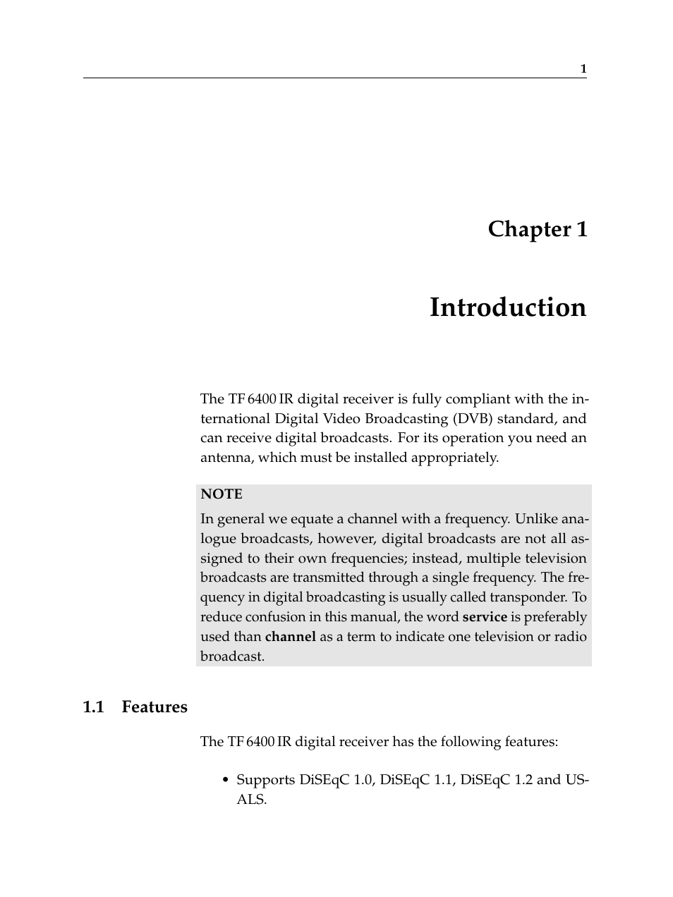 1 introduction, 1 features, Introduction | Features, Chapter 1 | Topfield TF6400IR User Manual | Page 7 / 64