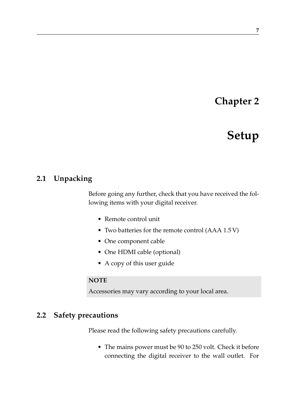 2 setup, 1 unpacking, 2 safety precautions | Setup, Unpacking, Safety precautions, Chapter 2 | Topfield High Defninition Digital Satellite Receiver HV7700 HSCI User Manual | Page 13 / 64