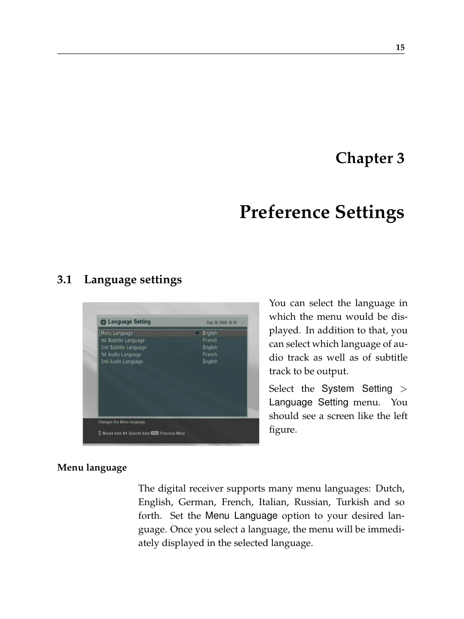 3 preference settings, 1 language settings, Preference settings | Language settings, Chapter 3 | Topfield High Defninition Digital Satellite Receiver HV7700 HSCI User Manual | Page 21 / 64