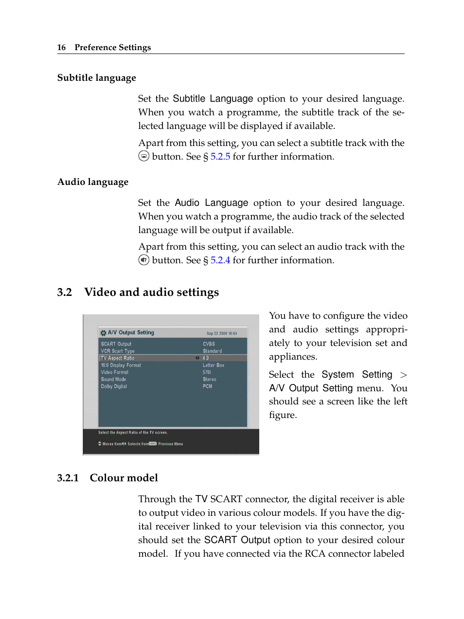 2 video and audio settings, 1 colour model, Video and audio settings | Colour model | Topfield High Defninition Digital Satellite Receiver HV7700 HSCI User Manual | Page 22 / 64