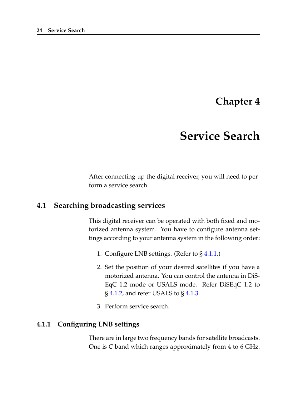 4 service search, 1 searching broadcasting services, 1 configuring lnb settings | Service search, Searching broadcasting services, Configuring lnb settings, Chapter 4 | Topfield High Defninition Digital Satellite Receiver HV7700 HSCI User Manual | Page 30 / 64