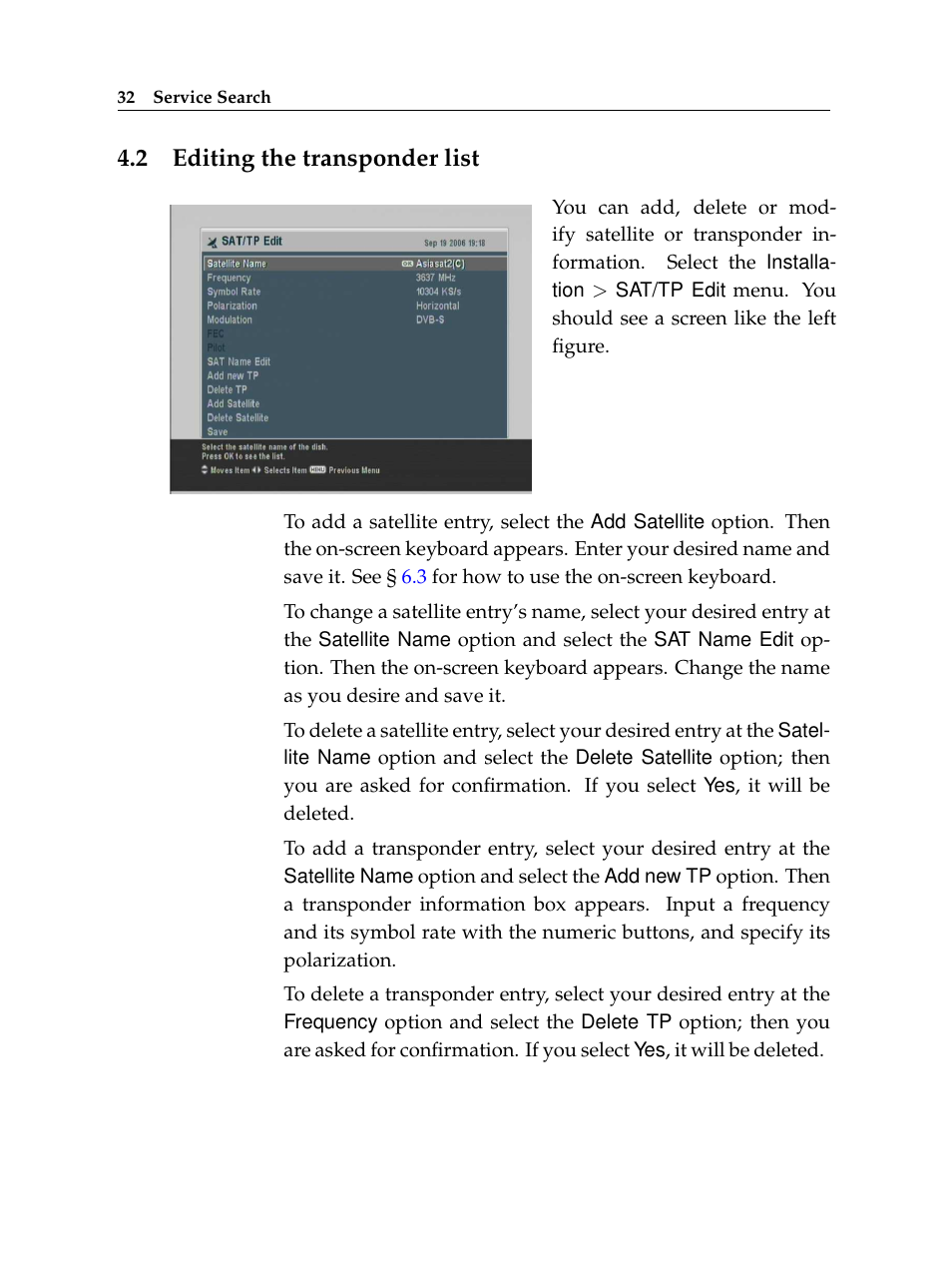 2 editing the transponder list, Editing the transponder list | Topfield High Defninition Digital Satellite Receiver HV7700 HSCI User Manual | Page 38 / 64